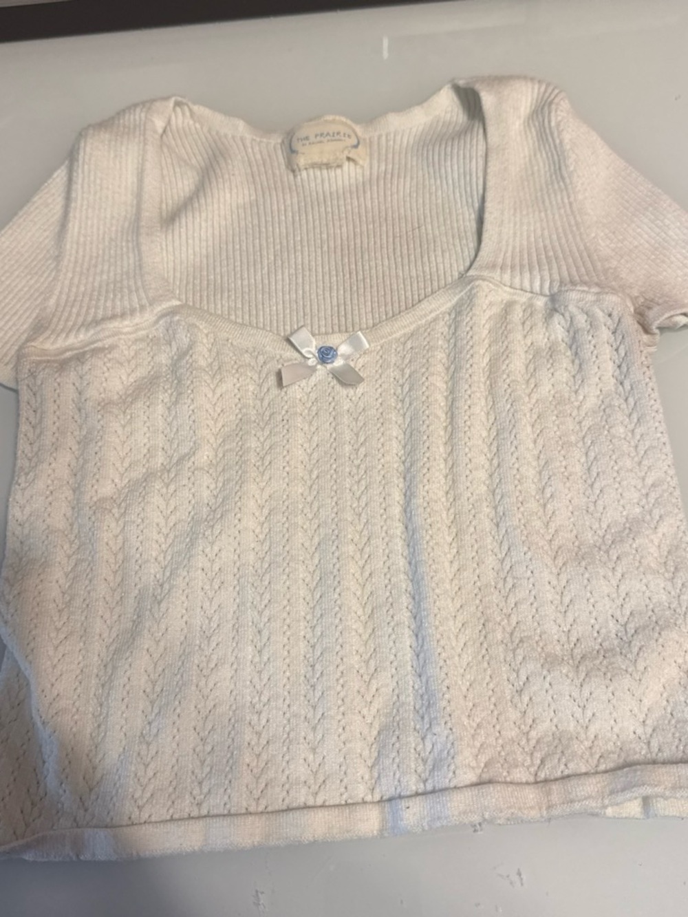 Cream Short-Sleeve Scoop Neck Sweater with Bow
